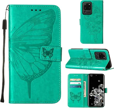 Image de Galaxy S20 Ultra Case, Butterfly Relief Flip Leather Case with Card Slots and Stand for Samsung Galaxy S20 Ultra Green