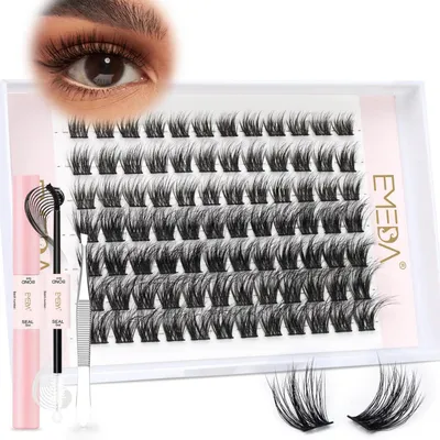 Image de Kit d'extension de cils à faire soi-même, effet 3D, clusters de cils de 10 mm, recourbure C, colle et fixateur, pince à épiler, couleur noire