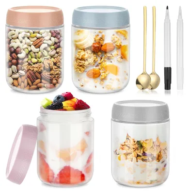 Image de Omgoods - Verres pour porridge de 500 ml - Lot de 4 - Verres pour la préparation des repas - Bols - Bols pour muesli - Bols pour yaourt - Verres transparents - Bols pour la préparation des repas