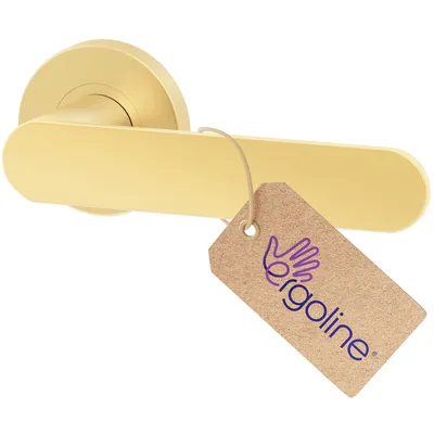 A gold-colored door handle with a tag attached.