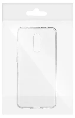 A clear plastic phone case is displayed against a white background, presented in its retail packaging with a hanging tab at the top.
