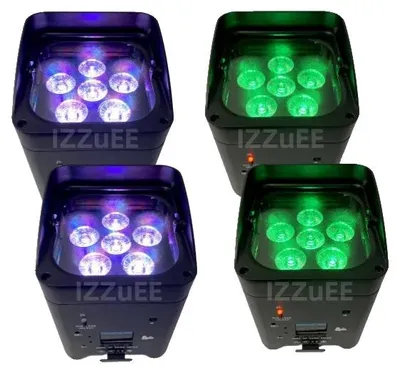 Zdjęcie produktu dla Bezprzewodowa lampa PAR, 6x18 W RGBWA+UV, przenośne oświetlenie sceniczne LED, 4 światła, czarna obudowa