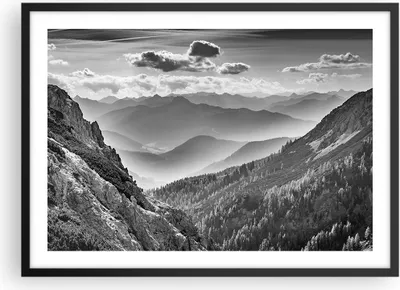 Produktbild von Gerahmtes Poster - Schwarzer Rahmen - Schwarzweiß Landschaft Berge - 70x50 cm - Wand Bild - Wanddeko - Wandbilder - Kunstposter - Wandposter - Bilderrahmen - Bilder - Kunstdruck - P2BAA70x50-4560