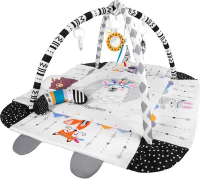 A baby play gym with a mat and hanging toys.
