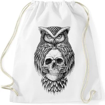 Produktbild von Turnbeutel Eule Totenkopf Owl Skull Schädel Hipster Beutel Tasche Gymsac Autiga® weiß unisize