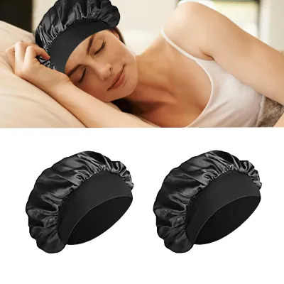 Image de Lot de 2 bonnets de nuit en satin – Double épaisseur, respirant, large bande élastique, diamètre 30 cm, idéal pour les cheveux bouclés et longs. Cadeau pour la maison – Noir