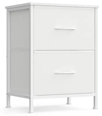 Obrázek produktu pro Komoda se 2 zásuvkami potaženými látkou – noční stolek/přístavec – kovová konstrukce – moderní obdélníkový design – vhodná do ložnice, chodby, obývacího pokoje – bílá barva – rozměry 39,6 x 30 x 53,2 cm