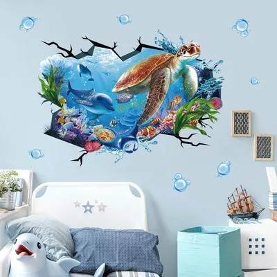 Produktbild von Wanddekoration: Wandsticker mit großen Schildkröten unter dem Meer – 3D-Delfine, Ozeanfische – für Kinderzimmer oder Badezimmer