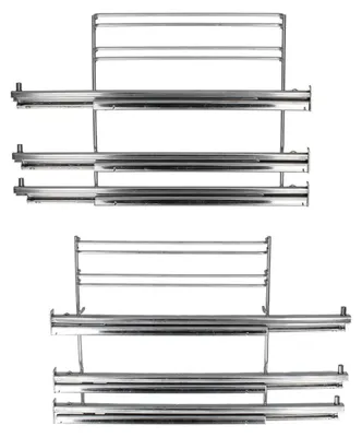 Two identical chrome-plated pull-out shelves with wire racks, presented against a white background.