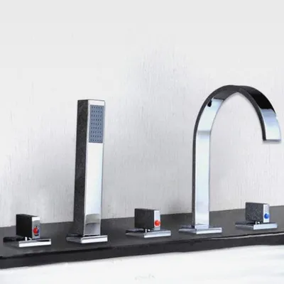 Produktbild von 5 Loch Badewannenarmatur, Wannenarmatur armatur Badewanne Wasserfall Badewanne Duschset mit Handbrause Brausegarnitur, Bad Dusche Badezimmer Armatur, Verchromt