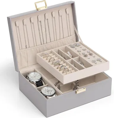 Immagine prodotto di Scatola portagioie - Contenitore per gioielli - Organizzatore per gioielli - Due scomparti - 22,9 x 17,2 x 8,5 cm - Grigio