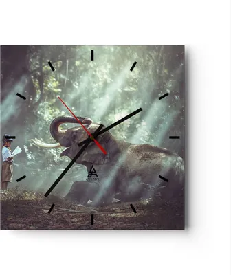 Produktbild von Wanduhr - Quadrat - Glasuhr - Elefant Dschungel Stoßzahn - 40x40cm - Schleichendes Uhrwerk - Lautlos - zum Aufhängen bereit - Dekoration Modern - Wanddekoration aus Glas - C3AC40x40-3486
