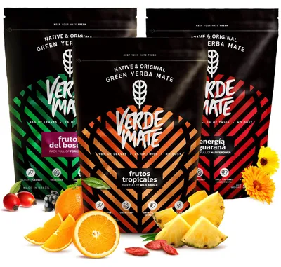 Produktbild von Verde Mate - Mate Tee Set Frutos Tropicales Guarana Frutos del Bosque 3x500g - Dicke Blätter 5mm - Luftgetrocknet - Ohne Bitterkeit - Yerba Brasilien