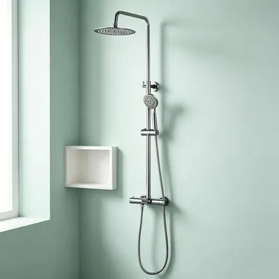Immagine prodotto di Sistema doccia con termostato, soffione a pioggia e doccetta, con getto a cascata, regolabile da 800 a 1260 mm