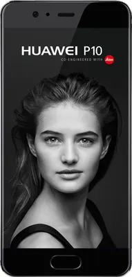A black and white marketing image for the Huawei P10 smartphone, featuring a close-up of a woman's face and the product name.
