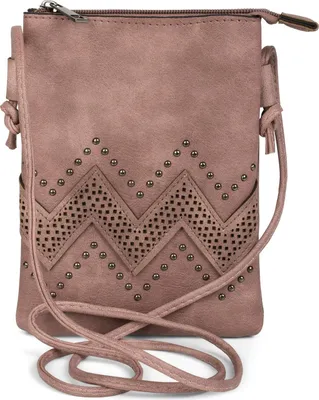 Produktbild von styleBREAKER Damen Mini Umhängetasche 14x19cm | weiches Kunstleder mit Zick-Zack Cutout & Nieten | Reißverschluss | für Party Festival Alltag | kleine Crossbody Bag
