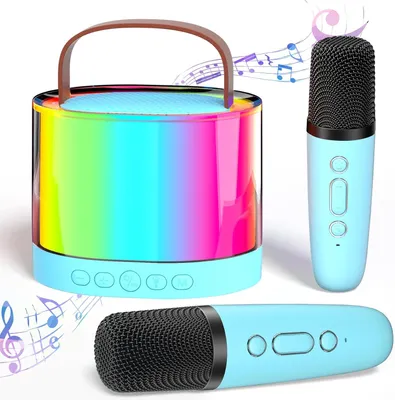 Produktbild von Karaoke Maschine mit 2 kabellosen Mikrofonen, tragbarer Bluetooth-Lautsprecher, mit LED-Lichtern für die Party zu Hause, Blau