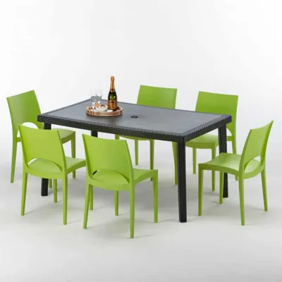 Produktbild von Poly Rattan Tisch Rechteckig mit 6 Bunten Polyrattan Stühlen 150x90 Schwarz