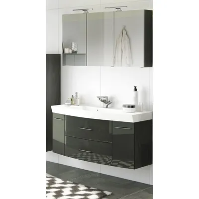 Produktbild von Badezimmer Waschplatz Set mit Waschtisch & LED-Spiegelschrank FLORIDO-03 in Hochglanz grau B x H x T: ca. 120 x 200 x 47 cm