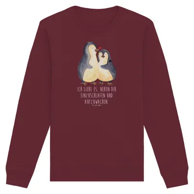 Produktbild von Mr. & Mrs. Panda Baumwoll Sweatshirt Pinguine Einschlafen Größe XXL - Burgundy - Geschenk, Sweater, Pullover, Pulli, Hochzeitstag, Freundin, für, Freund, Rundhals, Frauen