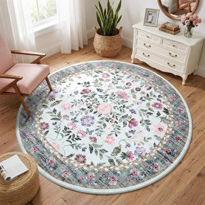 Productafbeelding van Rond tapijt met bloemenprint, 120 cm, blauw, laagpolig, wasbaar