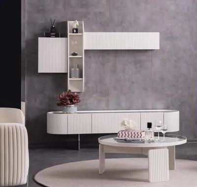 Produktbild von Wohnwand Couchtisch Sideboard Wandregal Verspiegelt Wohnzimmer Set Weiß