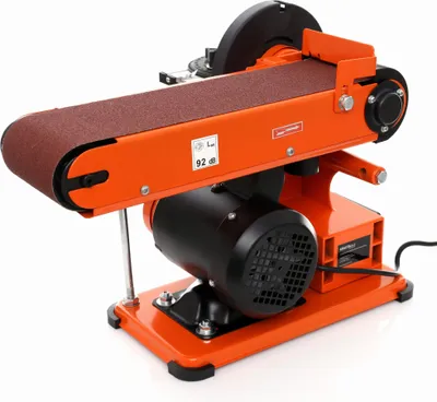 An orange and black oscillating belt sander is shown against a white background.