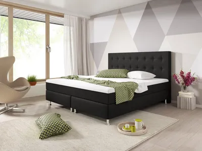 Produktbild von Boxspringbett Bett 180x200 cm Doppelbett Webstoff Schwarz Topper Schlafzimmer