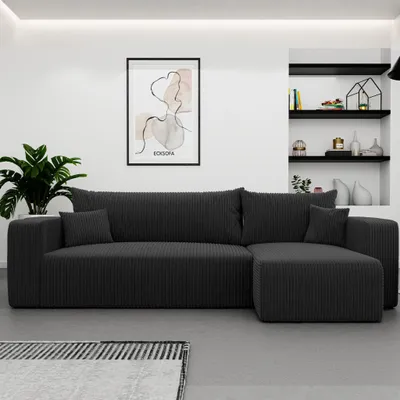 Produktbild von Ecksofa L-Form Castelo Poso 135 Schwarz Cord mit Schlaffunktion und Bettkasten