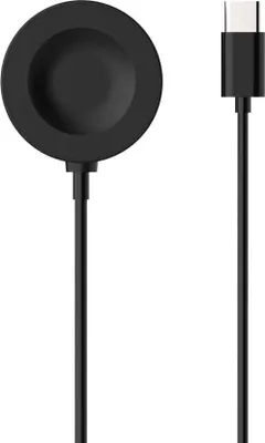 A black smartwatch charger with a USB-C connector on a white background.
