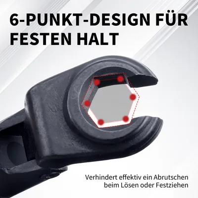 Produktbild von Krähenfußschlüssel Set 3/8 Zoll Flexkopf Leitungsschlüssel 12-19 mm 6-teilig Bördelmutterschlüssel aus Chrom-Vanadium Stahl 180° Flexibel für Bremslei