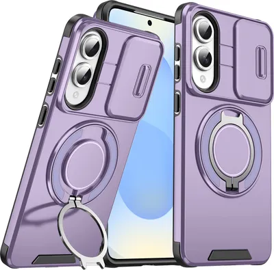 Immagine prodotto di Custodia a doppio strato per Samsung Galaxy S25 Edge, con copertura scorrevole della fotocamera e supporto ad anello magnetico Viola