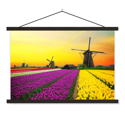 Produktbild von MuchoWow® Textilposter Windmühle - Tulpen - Blumen - Frühling 60x40 cm mit schwarzem Rahmen - Hölzernes