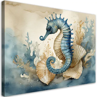 Produktbild von Leinwandbild blaues Seepferdchen 100x70 Feeby Blau bild für die wand bereit zum aufhängen