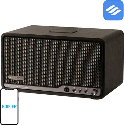 A studio shot of a portable speaker with a smartphone displaying the Edifier logo.