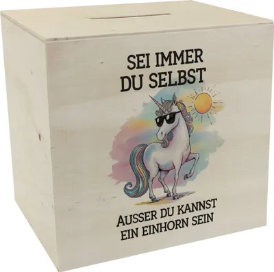Produktbild von Einhorn mit Sonnenbrille Spardose aus Holz Sei ein Einhorn