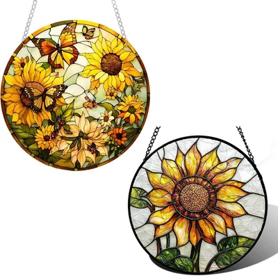 Produktbild von Glas Sonnenfänger 15 cm, 2er Set, Sonnenblume und Schmetterling, für Fensterdekoration