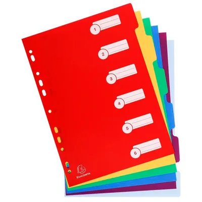 Produktbild von Exacompta 25x Register A4 aus festem PP 350µ, blanko, 6-teilig, sortiert, 4906E