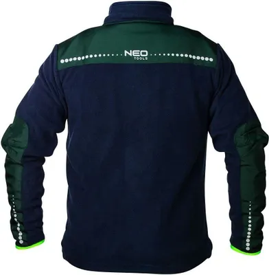 Back view of a navy blue and green work fleece jacket.