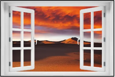Produktbild von Wallario Wandbild mit Fenster-Illusion: Sahara Wüste II - Sanddünen im Sonnenuntergang, Größe: 61 x 91,5 cm, Poster mit schwarzem Aluminiumrahmen