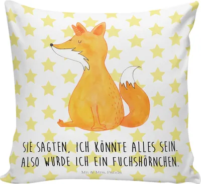 Produktbild von Mr. & Mrs. Panda Kissen 40x40 Einhorn Wunsch - Weiß - Geschenk, bedruckt, Unicorns, Fuchs, Unicorn, für sofa, Einhörner, Füchse, couch, Fuchshörnchen, Deko
