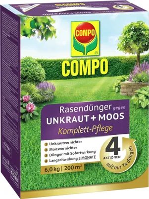 Produktbild von COMPO Rasendünger gegen Unkraut + Moos Komplett-Pflege - optimale Nährstoffversirgung - 3 Monate Langzeitwirkung - gegen Moos und Unkraut - 6 kg für 200 m²