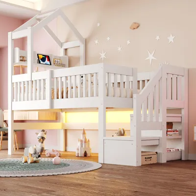 Produktbild von Kinderhochbett aus Holz 90x200 cm mit Dachrahmen, Ablagefächern, USB-Anschluss, LED-Lichtleiste, Schutzgeländer und Stauraumleiter, Weiß