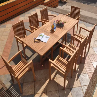 Produktbild von Teako Design Sitzgruppe Teak 8 Stapelstühle mit Ausziehtisch 180-240cm
