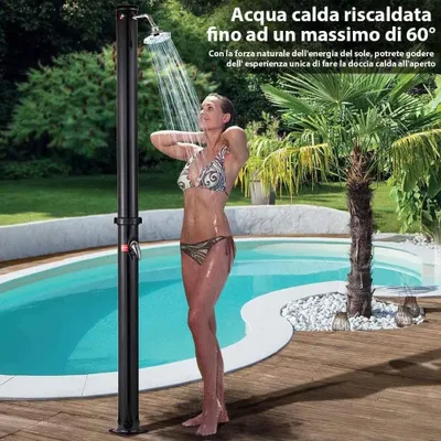 Imagen del producto de Ducha solar para jardín, piscina, uso en exteriores o camping, con capacidad de 20 litros, cabezal de ducha ajustable, mezclador de agua caliente y conexión para jardín. Dimensiones: 22