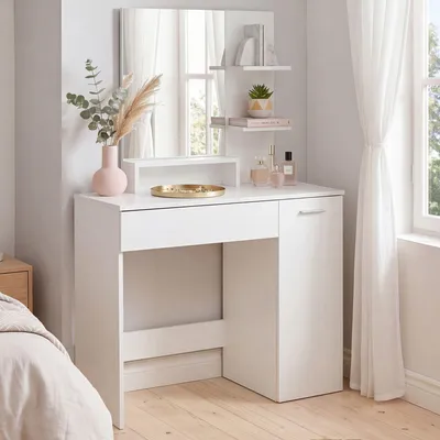 Obrázok produktu pre WOHNLING, toaletný stolík, 90 cm, biela farba, moderný dizajn, s odkladacím priestorom a zrkadlom. Biely toaletný stolík s zásuvkou a dvierkami, moderný make-up stolík, veľký