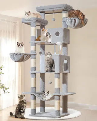 Zdjęcie produktu dla Kratzbaum dla kota, duży model XXL, 193 cm, 7 słupków do drapania, 2 kryjówki, 2 koszyki, hamak, piłeczki z pluszu, idealny dla aktywnych kotów