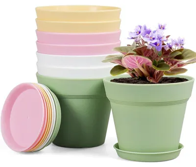 Productafbeelding van Bloempotten met onderzetter, set van 8, 10 cm, kunststof, met afvoergaten, geschikt voor binnen- en buitengebruik