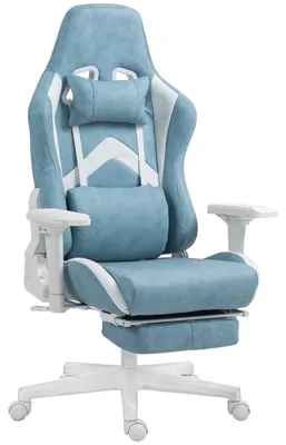 Obrázek produktu pro Herní židle a kancelářská židle – ergonomická, potažená umělou kůží, s podnožkou, s nastavitelným sklonem až do 150 stupňů, modrá barva