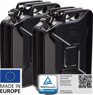 Produktbild von BW® Kraftstoffkanister Metall Benzinkanister 2x 20 Liter - Schwarz RAL 9005 - UN-Zulassung - Hergestellt in Europa